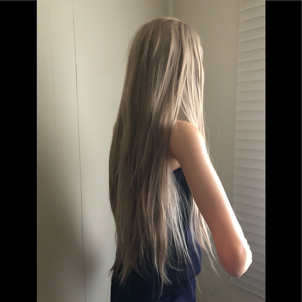 NWT 33” lace human hair Remy mix halo /dirty blonde blended straight long wig - Picture 8 of 15